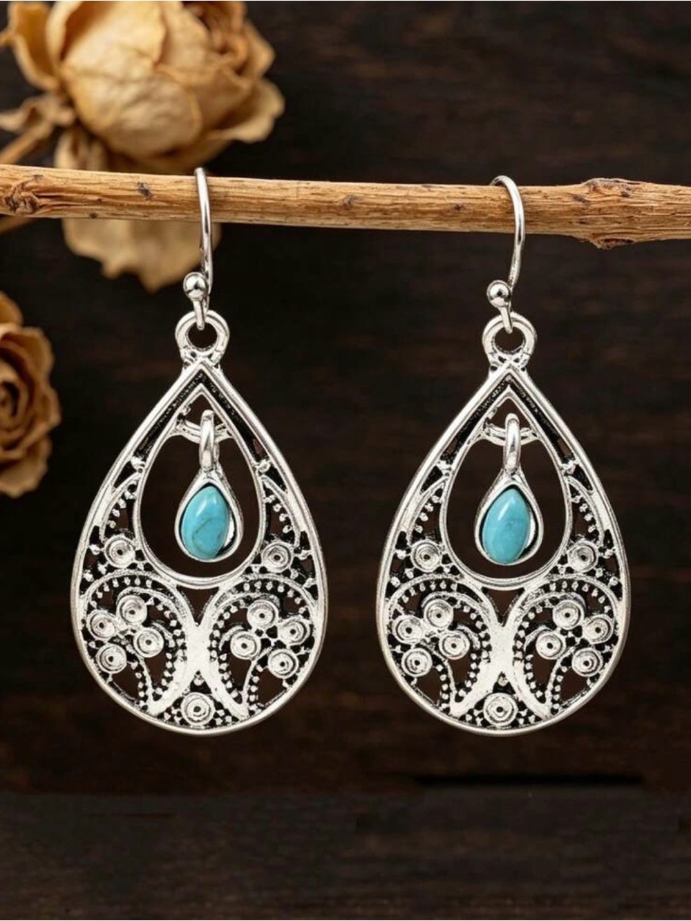 Turquoise Teardrop Filigree Dangle Earrings - Silver‎ Tone